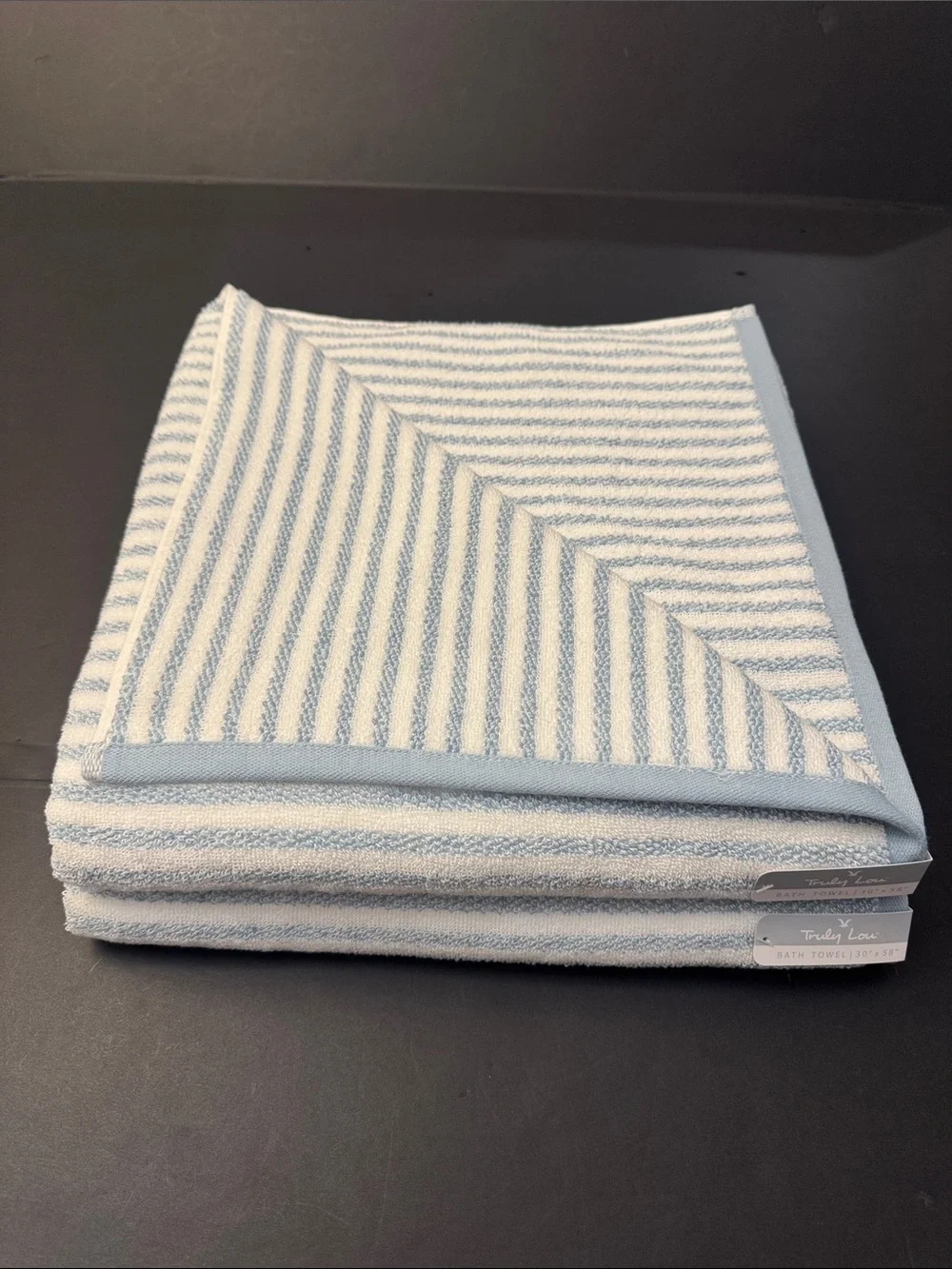 2pc TRULY LOU 100% Cotton Stripe Bath Towel Set -Soft -Absorbent - Wht/Blue